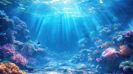 Serene Seabed: Captivating Blue Ocean Background with Sunlight and Undersea Wonders