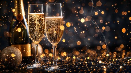 Sparkling Toasts for Festive Occasions: Luxury Celebration of Birthdays, New Year's Eve, and Holidays with Champagne Glasses and Bottles on a Night Background - obrazy, fototapety, plakaty