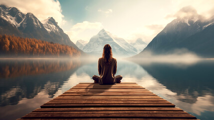 Calm morning mist meditation scene of a young woman is meditating while sitting on wooden pier outdoors with beautiful lake and mountains nature. wellness soul concept - obrazy, fototapety, plakaty