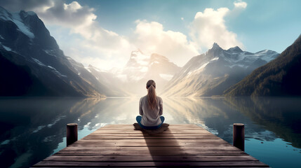 Calm morning meditation scene of a young woman is meditating while sitting on wooden pier outdoors with beautiful lake and mountains nature. wellness soul concept