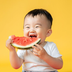 Korean baby in a white t-shirt is eating a piece of watermelon
