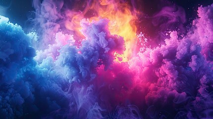 Neon Smoke Clubs Explode in Abstract Holi Paint Burst - Psychedelic Pastel Light Background 