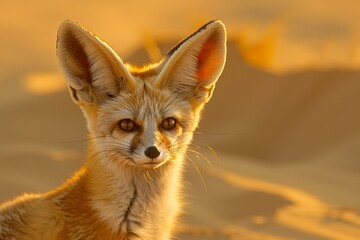 The graceful Fennec fox, known for its disproportionately large ears, displays an expressive and curious look. Fennec fox in a captivatingly beautiful desert.