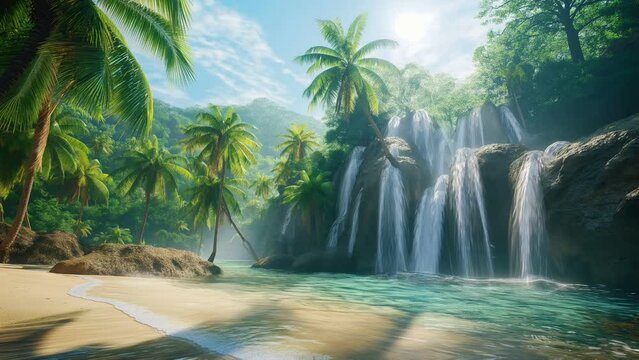 tropical waterfall in tropical jungle. seamless looping 4k animation video background 