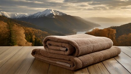 an enticing advertisement featuring the cotton bath towel in a sophisticated brown color, highlighting its superior quality and durability. Employ elegant typography and refined graphics to emphasize  - obrazy, fototapety, plakaty
