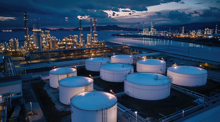 An aerial view of a petrochemical industry at dawn time with a blue sky. Oil tanks are for a dry...