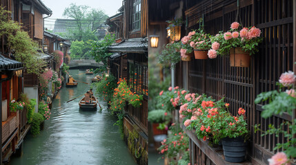 A Japanese style bridge with boat drivers passing under the bridge. Surrounding it are shops selling goods. There are flowers decorated in every shop in spring