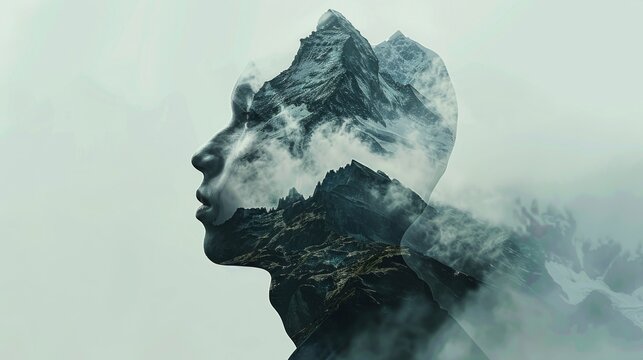 Abstract visualization of a human form transforming into a mountain range, emphasizing the connection between personal strength and natural majesty