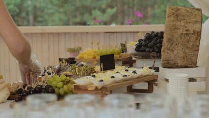A table with assorted cheeses, fruits, a festive table, a table with food for events. Cheese tasting. Table with hard cheeses camembert, brie, parmesan, dutch cheese.