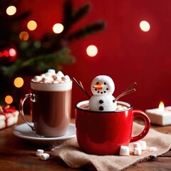Obraz na płótnie Canvas Red mug with smiling marshmallow snowan, Christmas festive theme