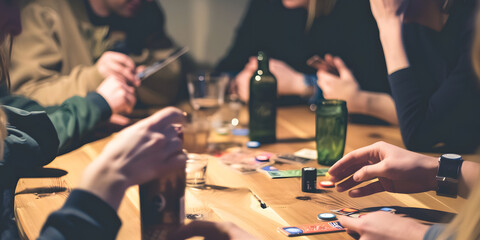 Pessoas jogando jogos de tabuleiro em uma mesa aconchegante - obrazy, fototapety, plakaty