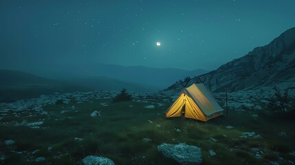 Camping tent on the hill at night with stars
