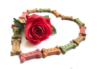 Dog biscuits in the shape of a heart with roses isolated on a white background.