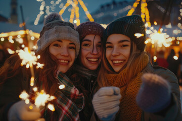 photo of young friends having fun with sparklers at a Christmas market, happy people celebrating...