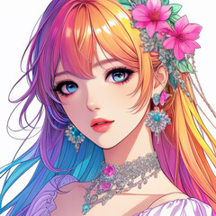 Beautiful girl with pink hair and flowers in her hair. Vector illustration.