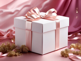 Un joli petit paquet cadeau d'anniversaire emballé avec un élégant ruban sur un fond rose festif avec des décorations dorées et scintillantes - obrazy, fototapety, plakaty