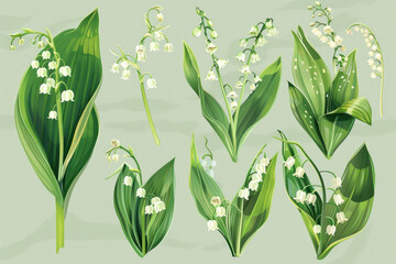 Set of lily of the valley flowers with various stages of growth and bloom - obrazy, fototapety, plakaty