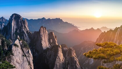 Beautiful Huangshan mountains landscape at sunrise - obrazy, fototapety, plakaty