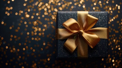 Golden Gift Box with Glitter Ribbon on Black Background: Black Friday Sale Concept Banner