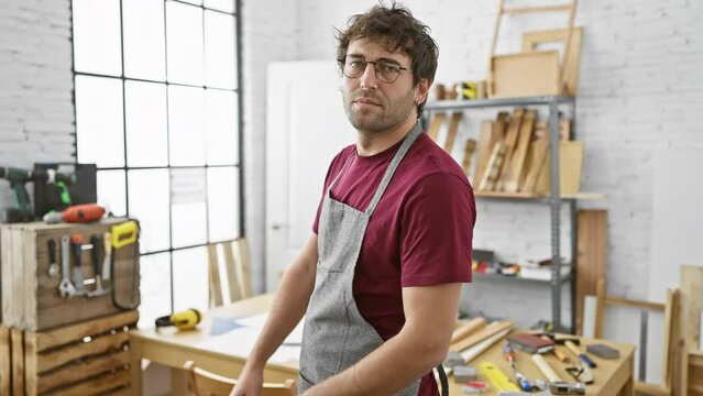 Handsome bearded man in apron standing confidently in a carpentry workshop with arms crossed.