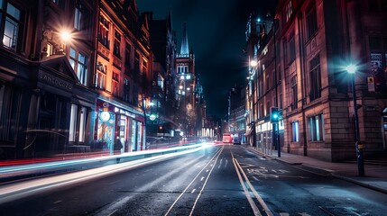 Uk england manchester long exposure of city street at night : Generative AI - obrazy, fototapety, plakaty