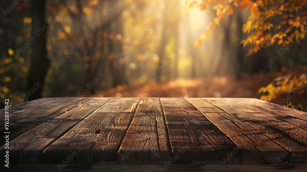 Aufkleber The empty rustic wooden table for product display with blur background of autumn forest Exuberant image : Generative AI