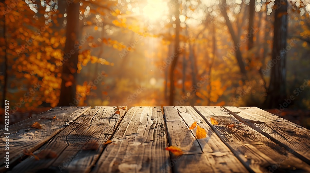 Aufkleber The empty rustic wooden table for product display with blur background of autumn forest Exuberant image : Generative AI