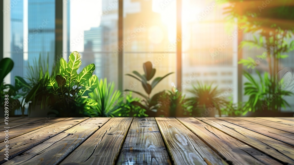 Poster wooden table top on blur window glass and abstract green color from garden with city view on morning