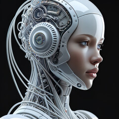 3d rendering of a female robot with an artificial intelligence on a black background