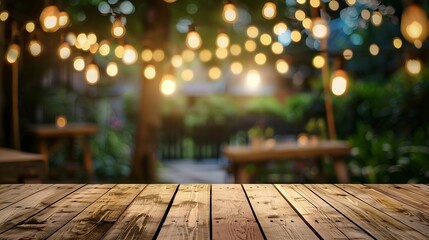 Empty wooden table with party in backyard at night blurred  background : Generative AI