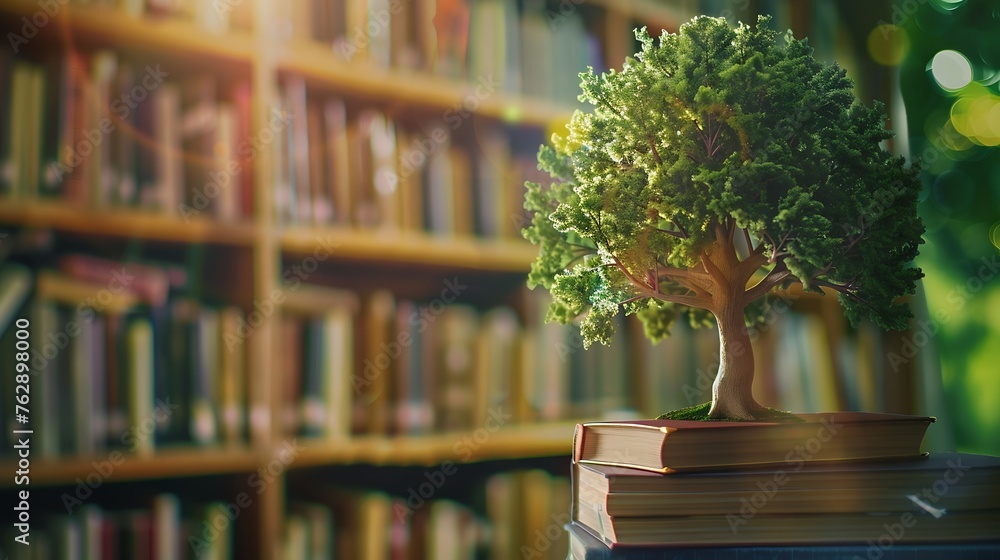 Poster wooden tree with books on blur background of library with bookshelf flawless : generative ai