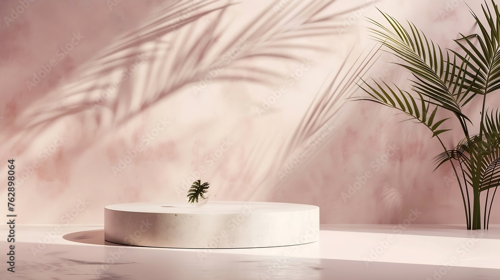 Poster minimal product placement background with palm shadow on plaster wall luxury summer architecture int