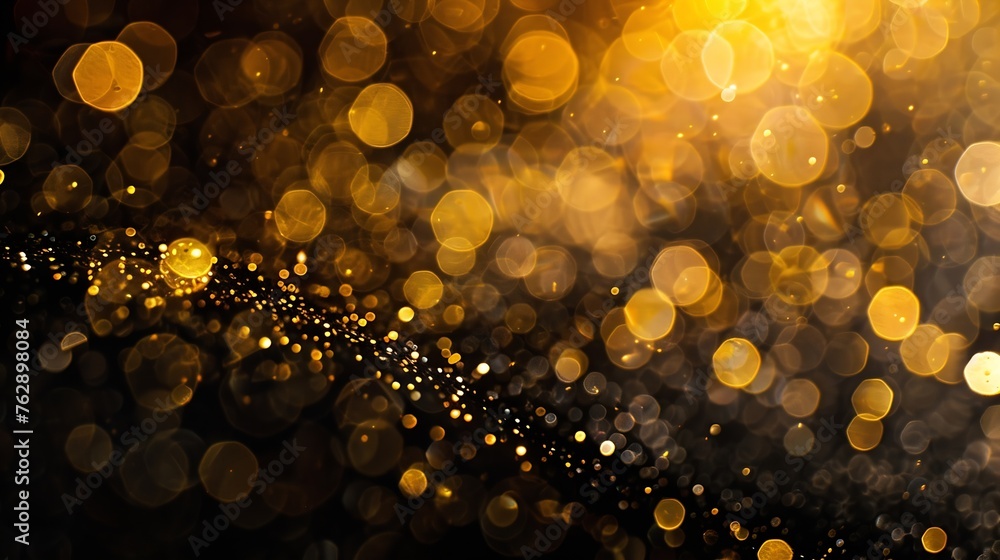 Poster golden blurred bokeh lights on black background glitter sparkle stars for celebrate overlay for your