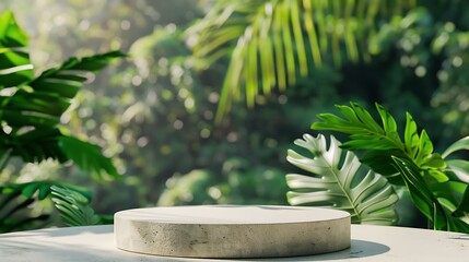 Stone podium table top outdoors blur green monstera tropical forest plant nature backgroundBeauty cosmetic healthy natural product placement pedestal displayspring or summer jungle par : Generative AI - obrazy, fototapety, plakaty