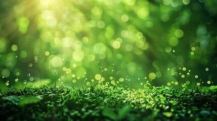 Fototapeta premium Abstract background of bright green lights in the forest eco and magical concept : Generative AI