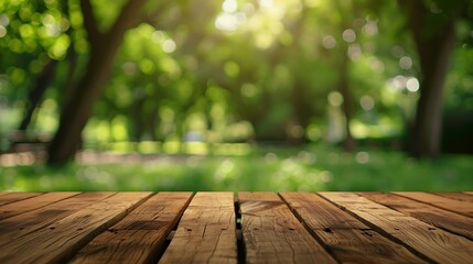 Empty rustic wooden texture of old wood table top blur against green park with defocused sunlight blurred foliage backyard background Display mock up montage your product design key vi : Generative AI