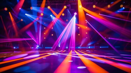blurred rays of light on disco floor orange violet blue neon searchlight lights laser lines and...