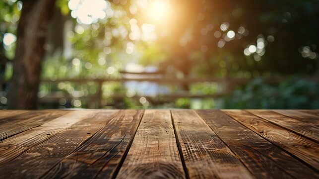a wood table space with home backyard blurred background for advertising template : Generative AI