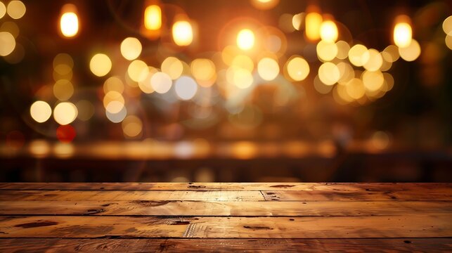 background Image of wooden table in front of abstract blurred restaurant lights : Generative AI