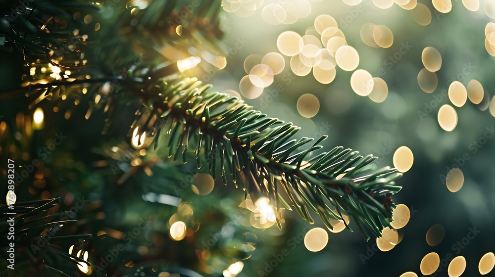Poster Christmas tree branches with garland lights on bokeh background : Generative AI