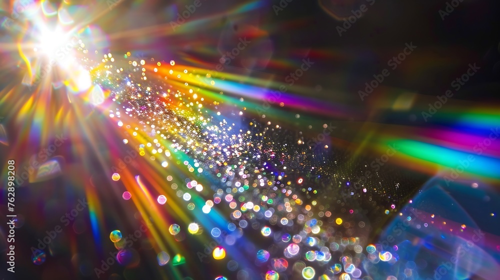 Aufkleber rainbow light effect from sun flares on black background colorful glare and shine light rays on spar
