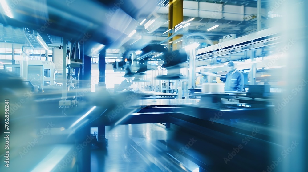 Aufkleber Indusry 40 Factory Blurred Motion Shot of a Team of Engineers Professionals and Workers Working on Assembly and Production Line Optimizing CNC Machinery Programming Machines : Generative AI