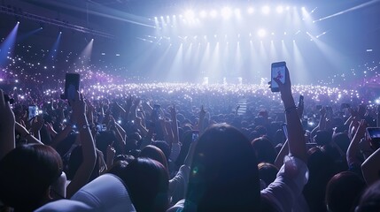 Many fun people lift hand up hold cell phone flash light Fan crowd wave flashlights Epic live music...