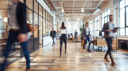 Group of office employees at coworking hall Business people walking at modern open space Motion blur Concept : Generative AI