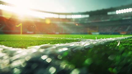 3D render image of american football stadium with green grass field and blurred fans at playground...