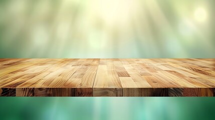Wood table top on blurred green background  can be used for montage or display your products : Generative AI - Powered by Adobe