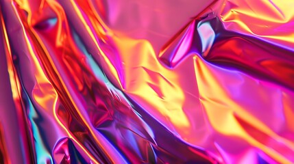 Obraz premium Closeup of ethereal bright neon pink magenta orange holographic metallic foil background Abstract modern curved blurred surreal futuristic disco rave techno festive dreamlike backdrop : Generative AI