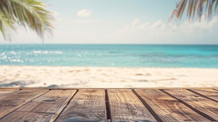 Fototapeta premium Empty rustic wooden table on blur background of beautiful beach for mockup summer product display or travel ad Picnic table with customizable space on tabletop for editing Flawless : Generative AI