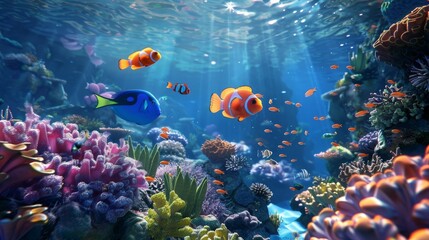 Fototapeta na wymiar Animated 3D underwater scene with 2D cartoon fish swimming among coral