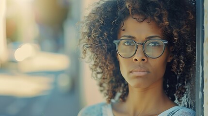 Fototapeta na wymiar Portrait of serious african american female with curly hair and eyeglasses looking at camera while standing on street with blurred background : Generative AI